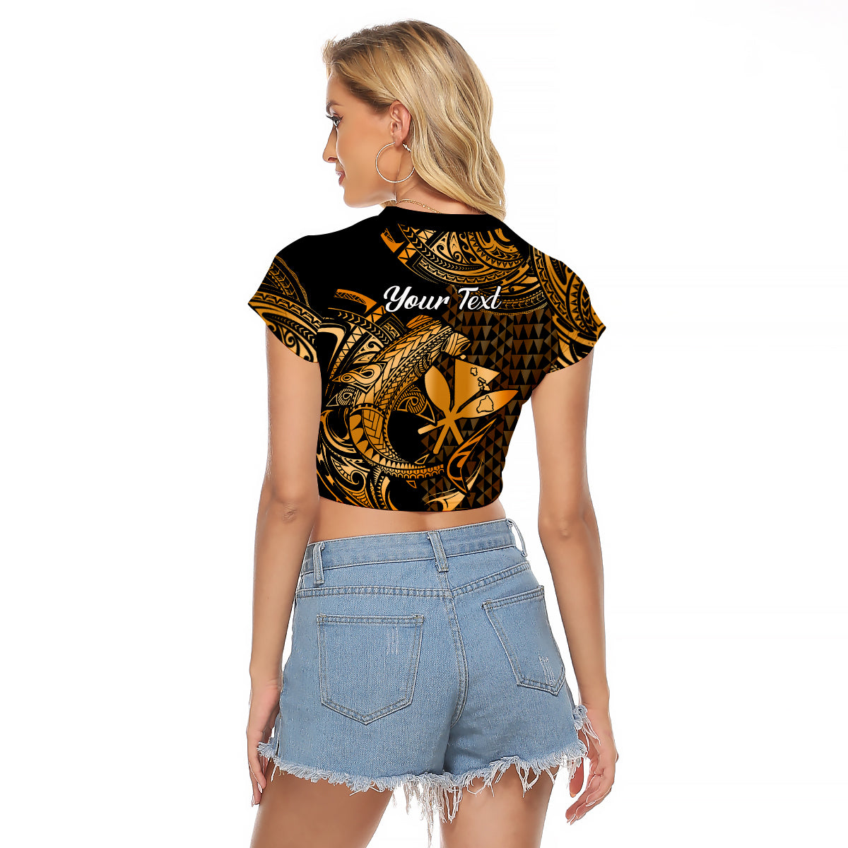 (Custom Personalised) Hawaii Hammerhead Shark Raglan Cropped T Shirt Polynesian Kakau With Kanaka Gold LT14 - Polynesian Pride