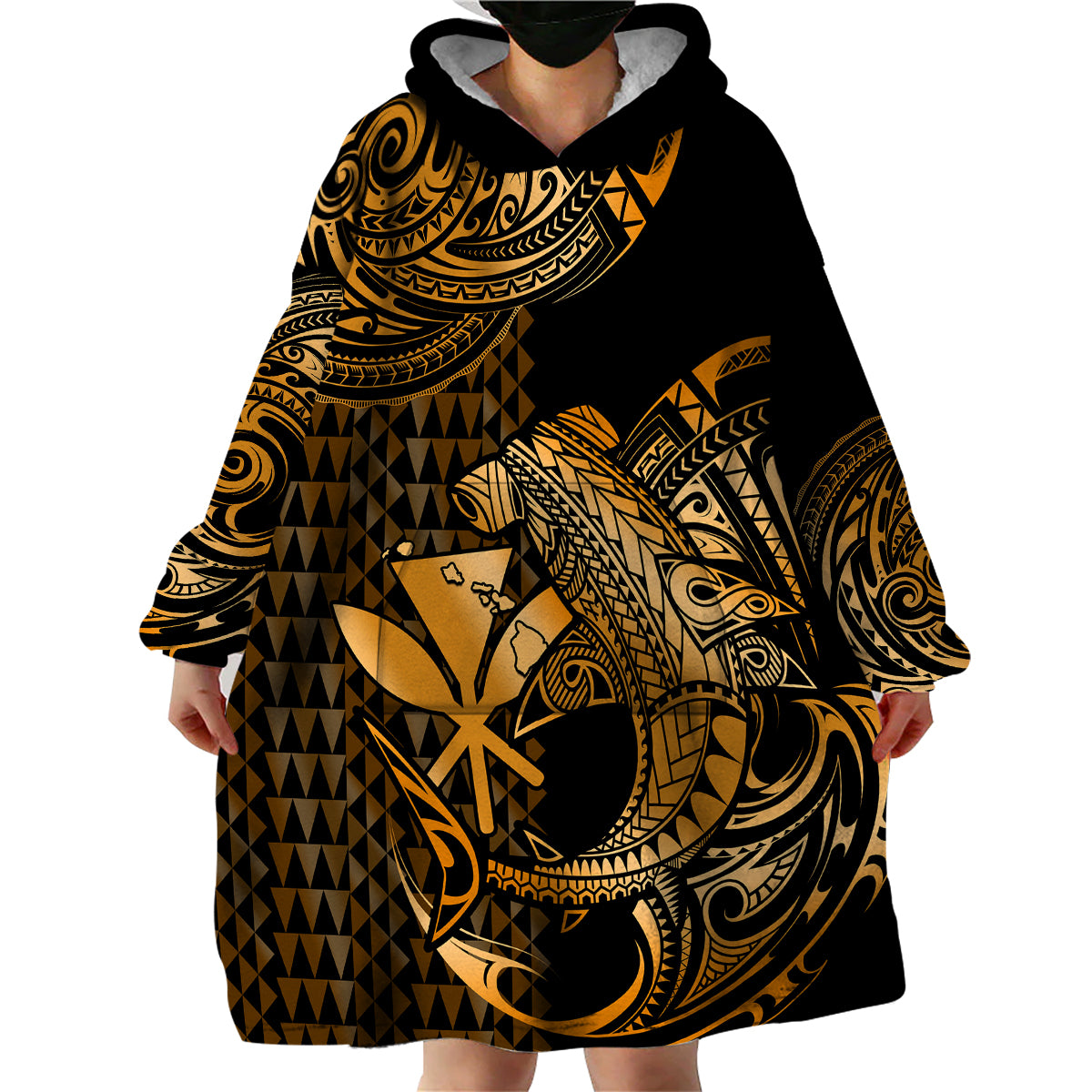(Custom Personalised) Hawaii Hammerhead Shark Wearable Blanket Hoodie Polynesian Kakau With Kanaka Gold LT14 - Polynesian Pride