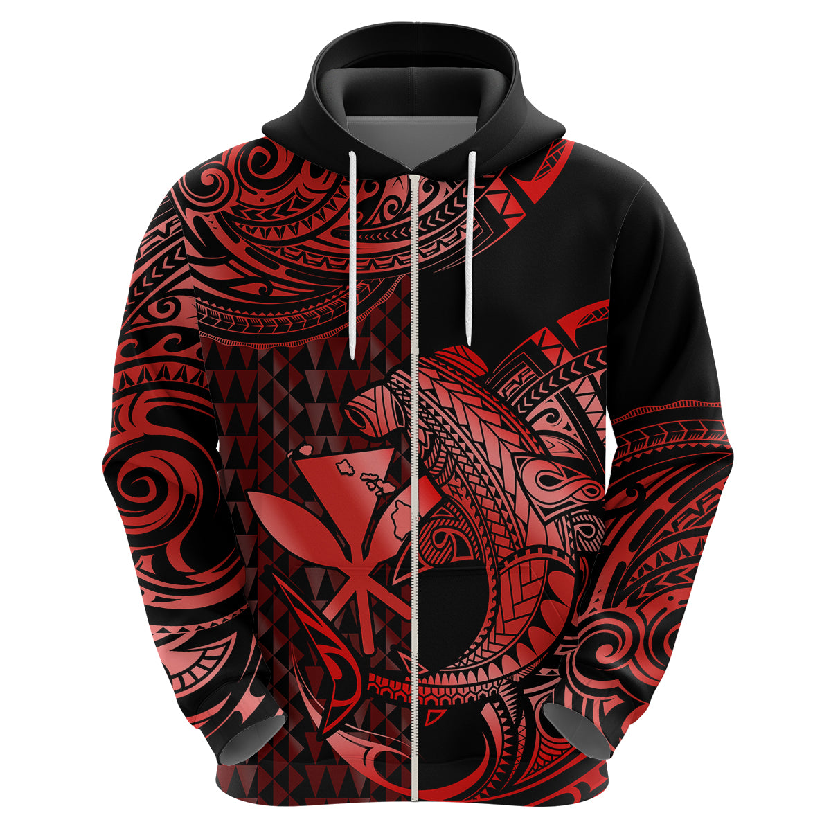 Custom Hawaii Hammerhead Shark Hoodie Polynesian Kakau With Kanaka Red LT14 - Polynesian Pride