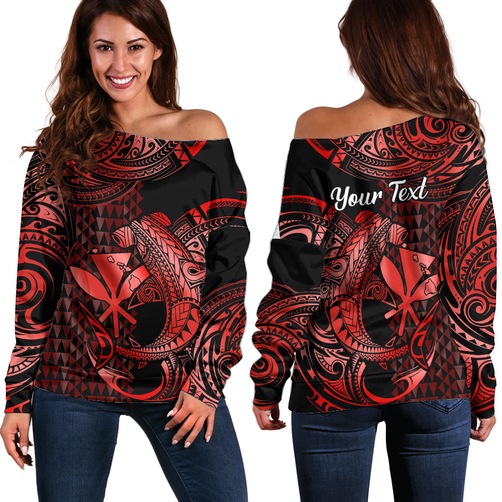 (Custom Personalised) Hawaii Hammerhead Shark Off Shoulder Sweater Polynesian Kakau With Kanaka Red LT14 Women Red - Polynesian Pride