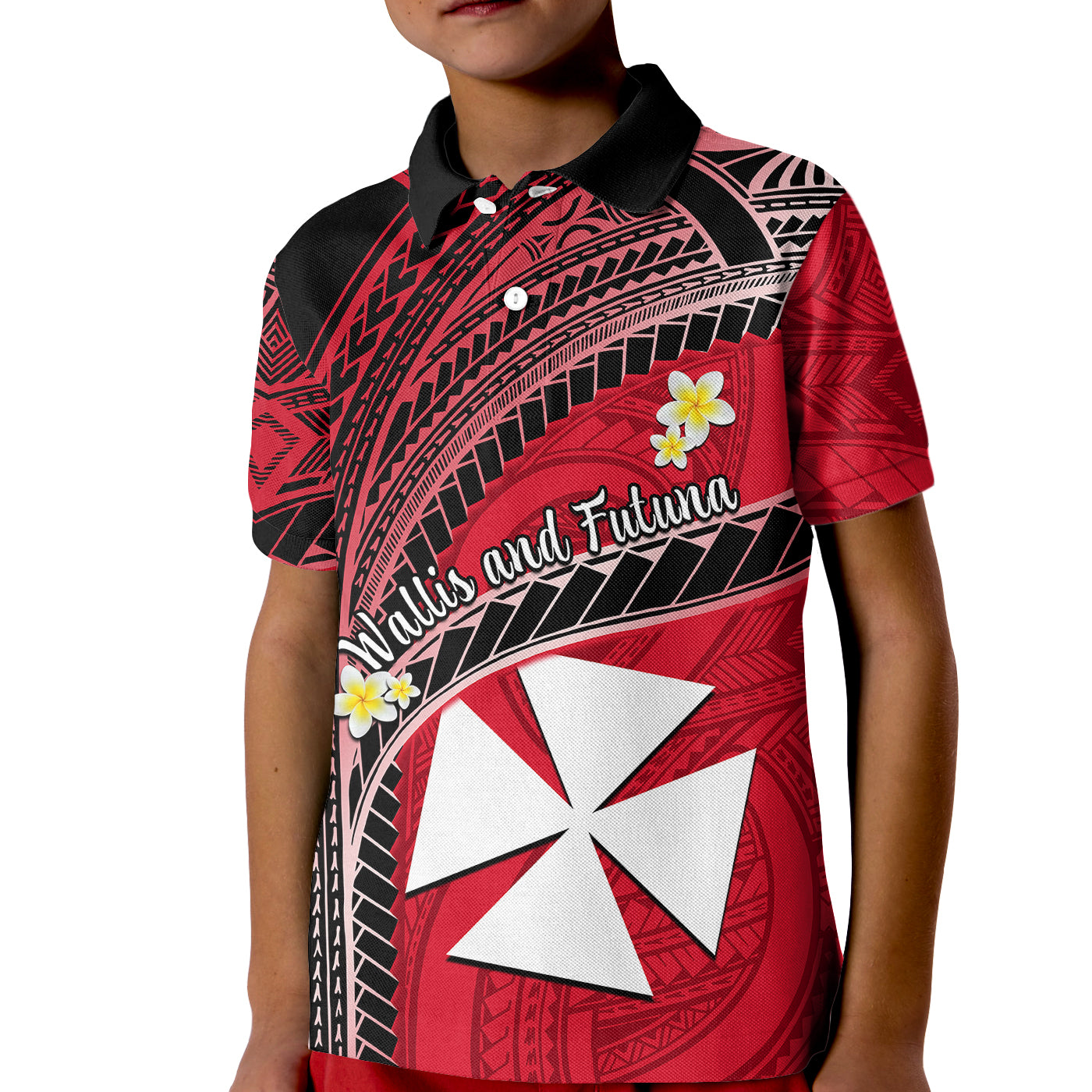 Wallis And Futuna Kid Polo Shirt Plumeria Flowers With Red Polynesian Pattern LT14 Kid Red - Polynesian Pride