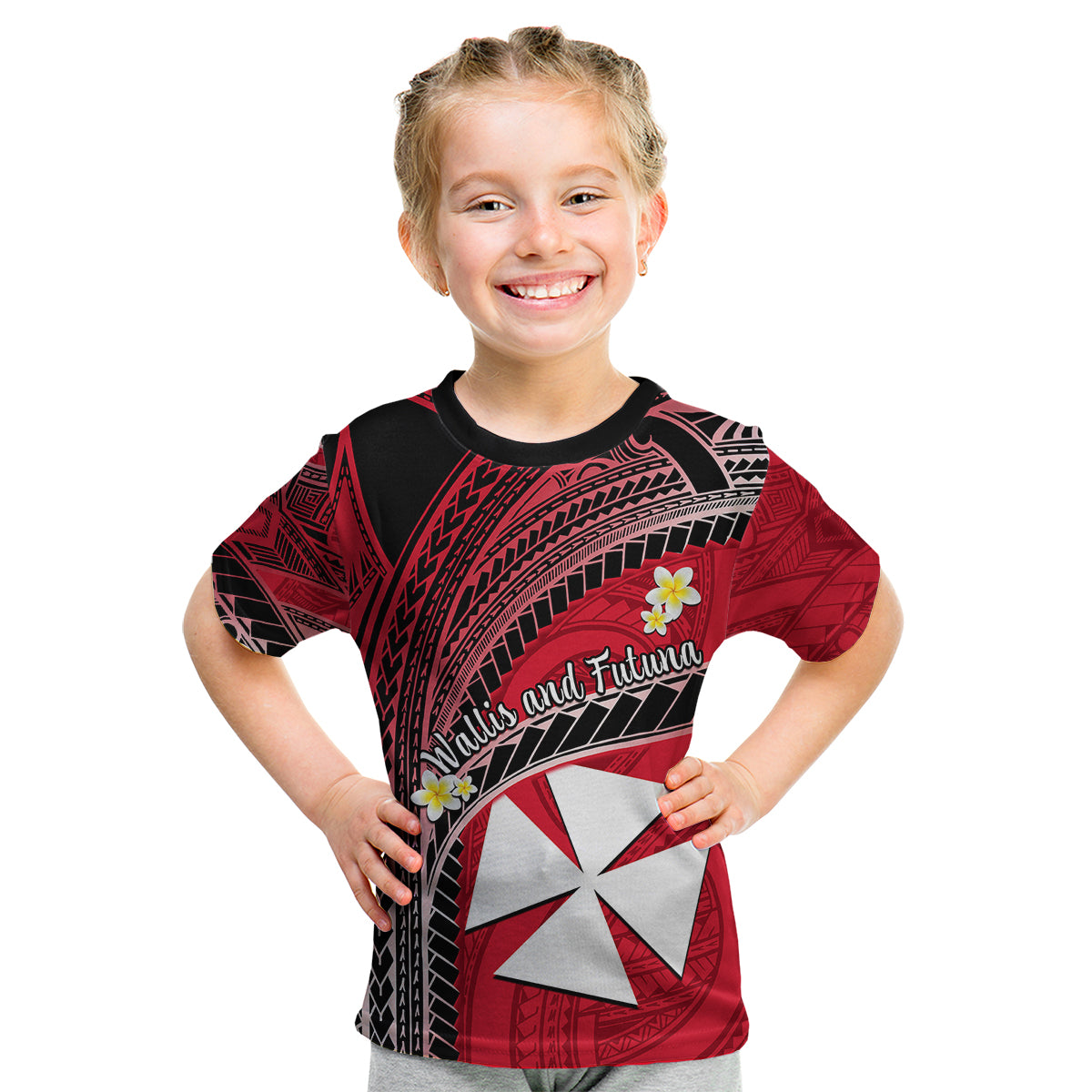 Wallis And Futuna Kid T Shirt Plumeria Flowers With Red Polynesian Pattern LT14 - Polynesian Pride