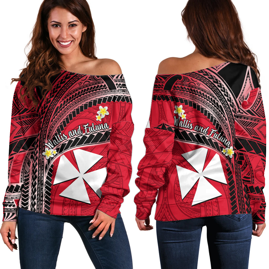 Wallis And Futuna Off Shoulder Sweater Plumeria Flowers With Red Polynesian Pattern LT14 - Polynesian Pride