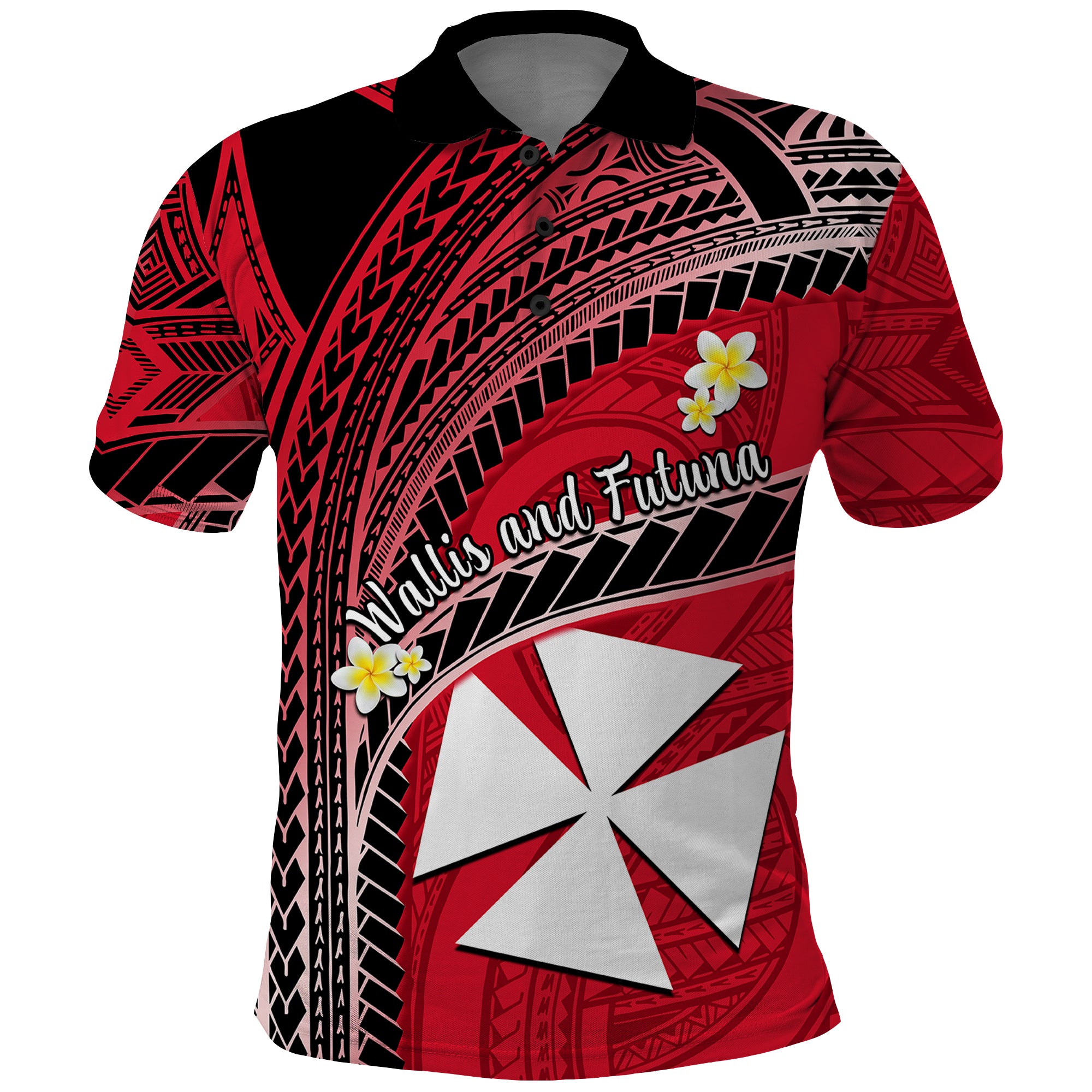 Wallis and Futuna Polo Shirt Plumeria Flowers With Red Polynesian Pattern LT14 Red - Polynesian Pride