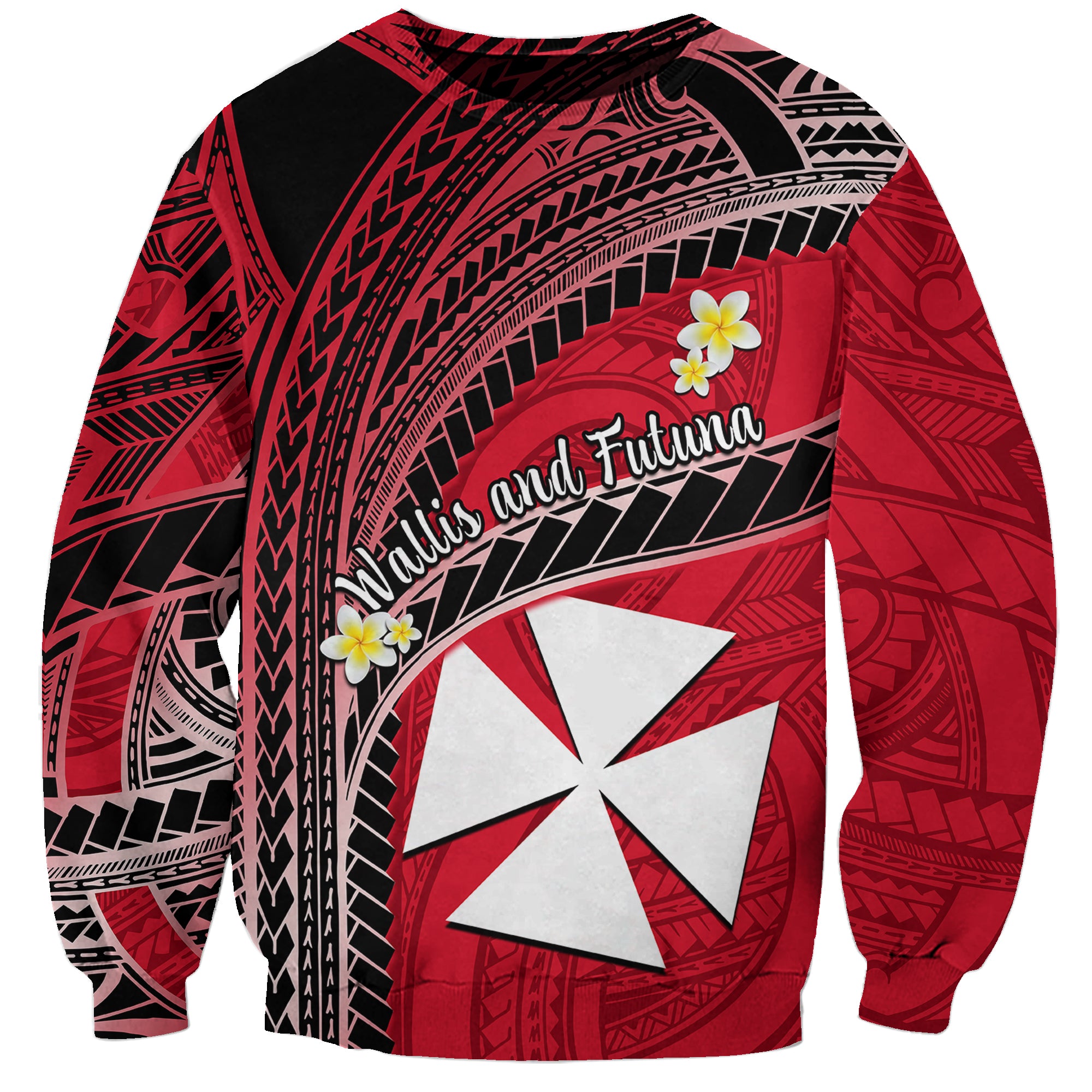 Wallis And Futuna Sweatshirt Plumeria Flowers With Red Polynesian Pattern LT14 - Polynesian Pride