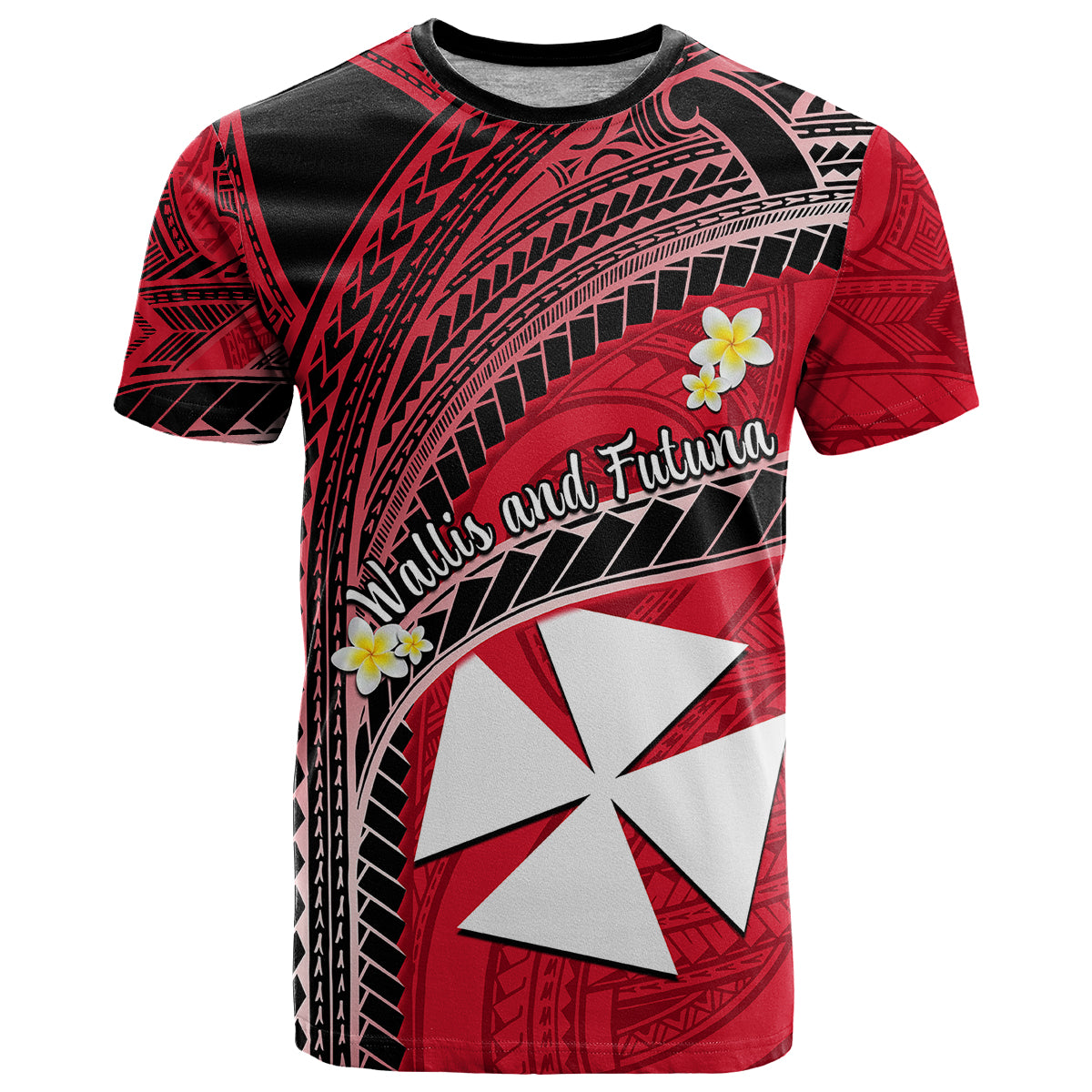 Wallis and Futuna T Shirt Plumeria Flowers With Red Polynesian Pattern LT14 Red - Polynesian Pride