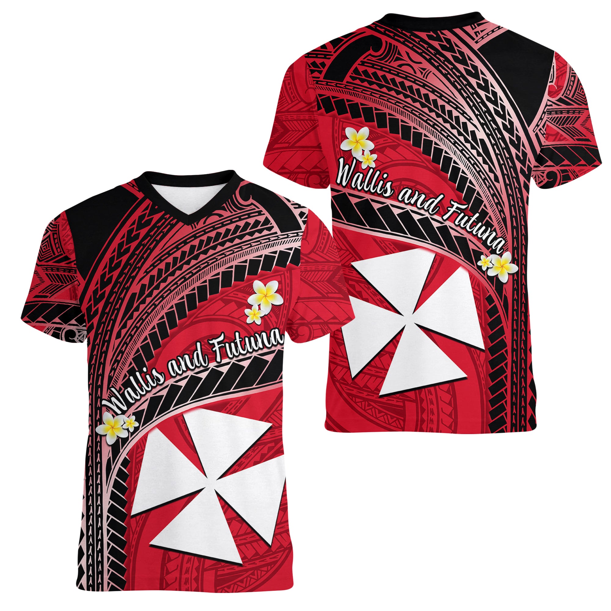 Wallis And Futuna Women V Neck T Shirt Plumeria Flowers With Red Polynesian Pattern LT14 - Polynesian Pride