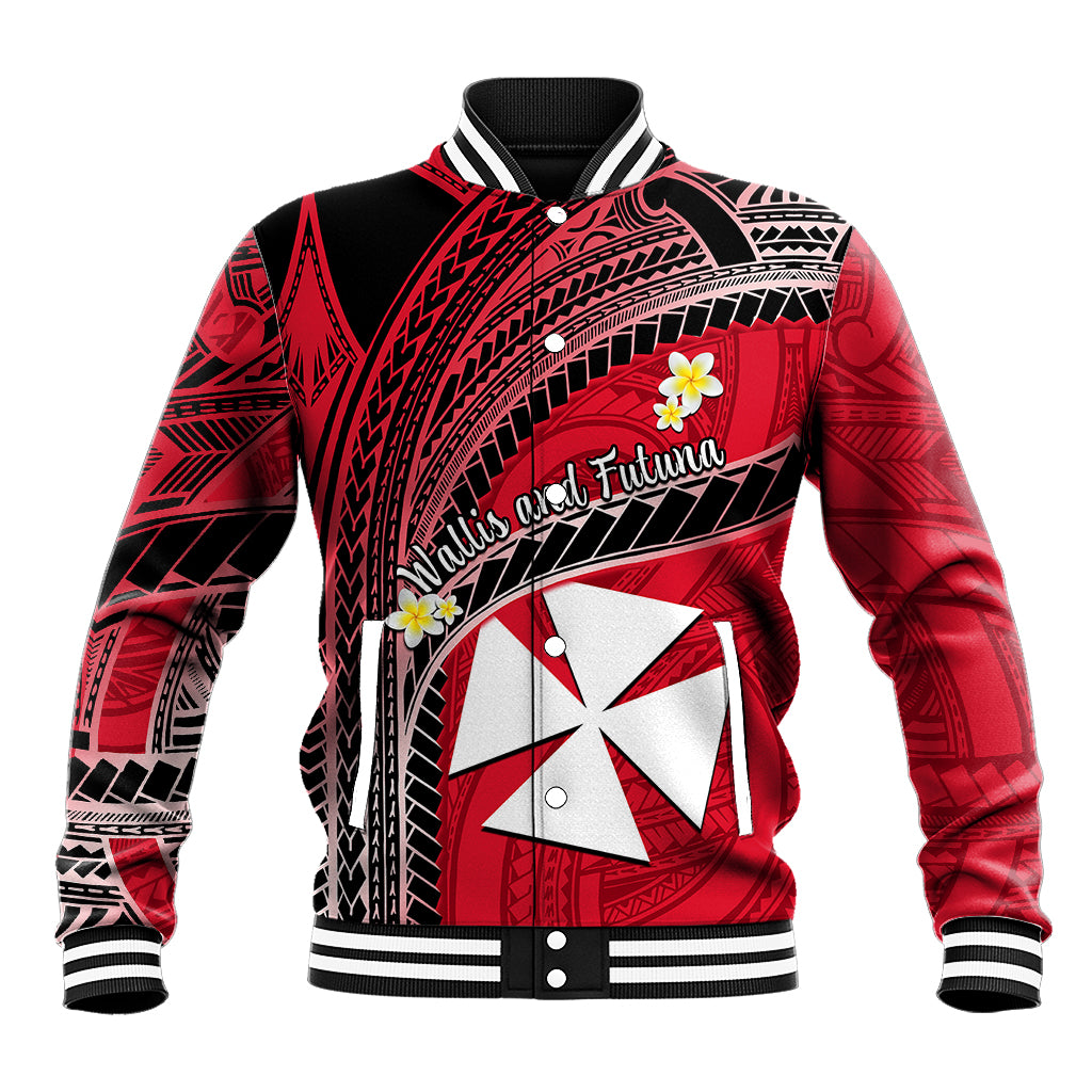 (Custom Personalised) Wallis And Futuna Baseball Jacket Plumeria Flowers With Red Polynesian Pattern LT14 - Polynesian Pride