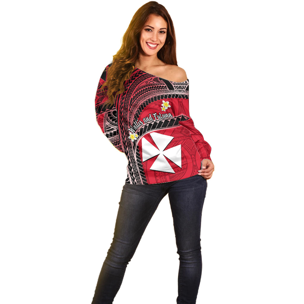 (Custom Personalised) Wallis And Futuna Off Shoulder Sweater Plumeria Flowers With Red Polynesian Pattern LT14 - Polynesian Pride
