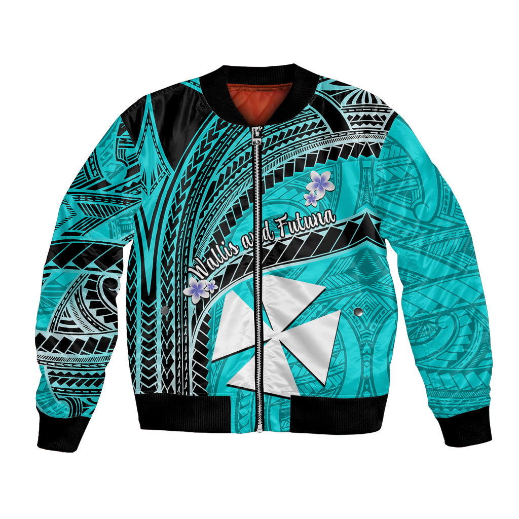 (Custom Personalised) Wallis And Futuna Bomber Jacket Plumeria Flowers With Turquoise Polynesian Pattern LT14 - Polynesian Pride