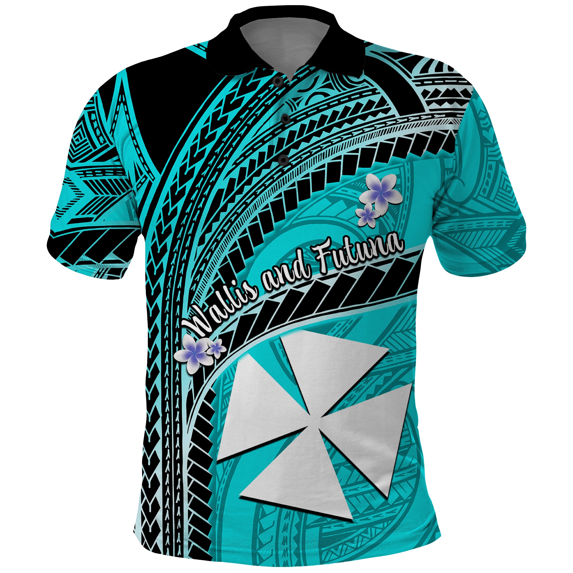 Custom Wallis and Futuna Polo Shirt Plumeria Flowers With Turquoise Polynesian Pattern LT14 Turquoise - Polynesian Pride