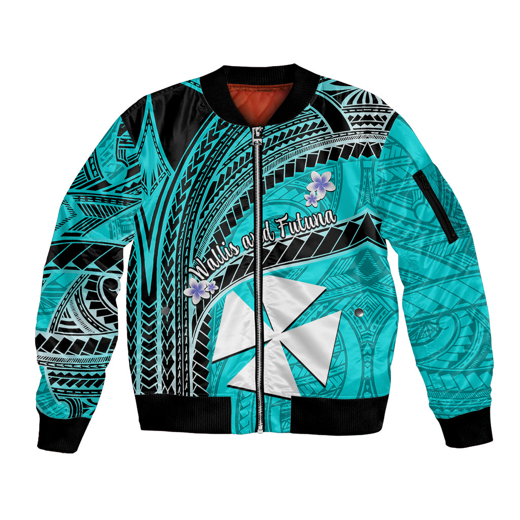 (Custom Personalised) Wallis And Futuna Sleeve Zip Bomber Jacket Plumeria Flowers With Turquoise Polynesian Pattern LT14 - Polynesian Pride