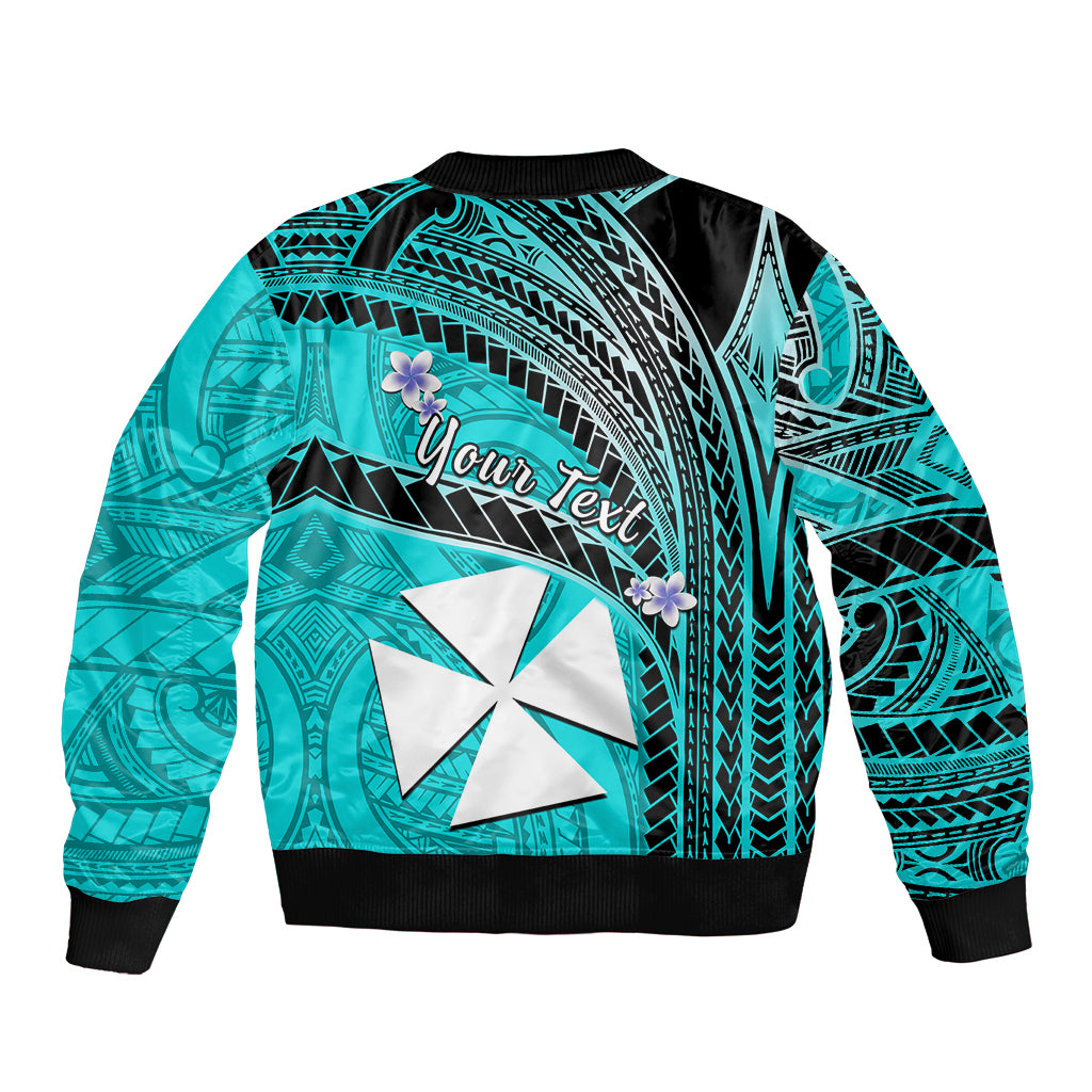 (Custom Personalised) Wallis And Futuna Sleeve Zip Bomber Jacket Plumeria Flowers With Turquoise Polynesian Pattern LT14 - Polynesian Pride