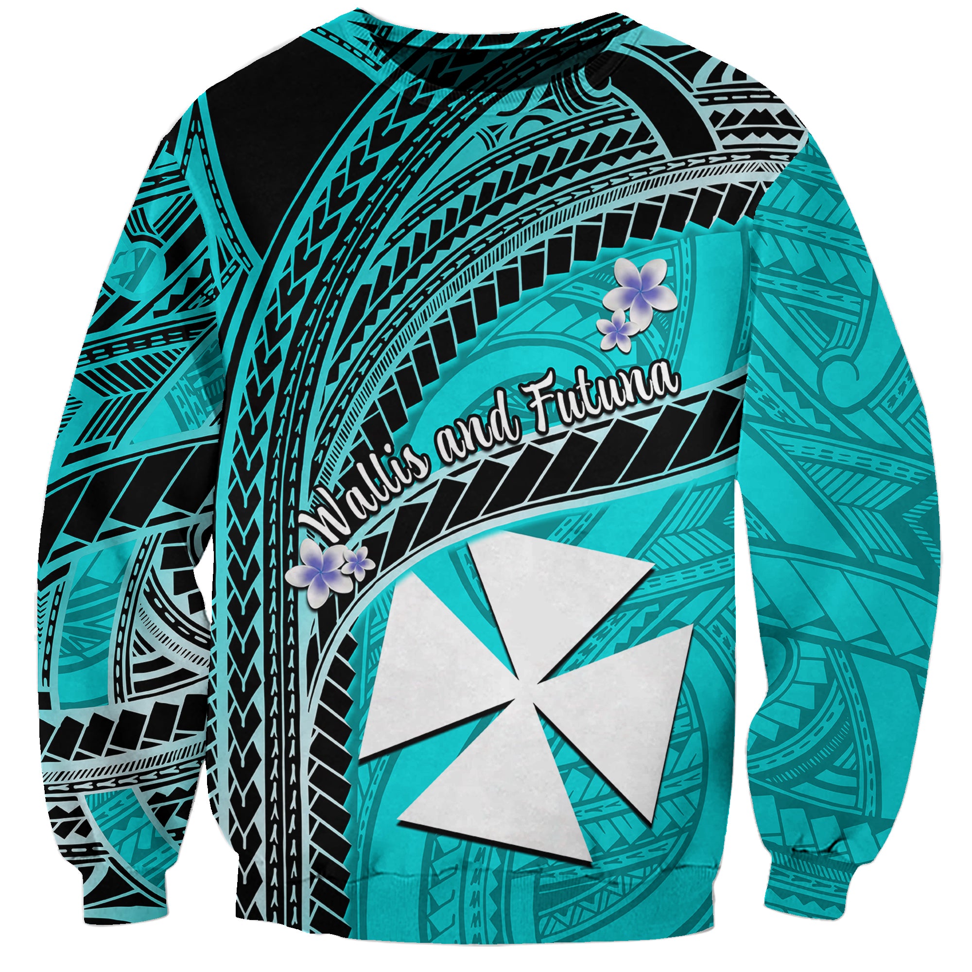 (Custom Personalised) Wallis And Futuna Sweatshirt Plumeria Flowers With Turquoise Polynesian Pattern LT14 - Polynesian Pride