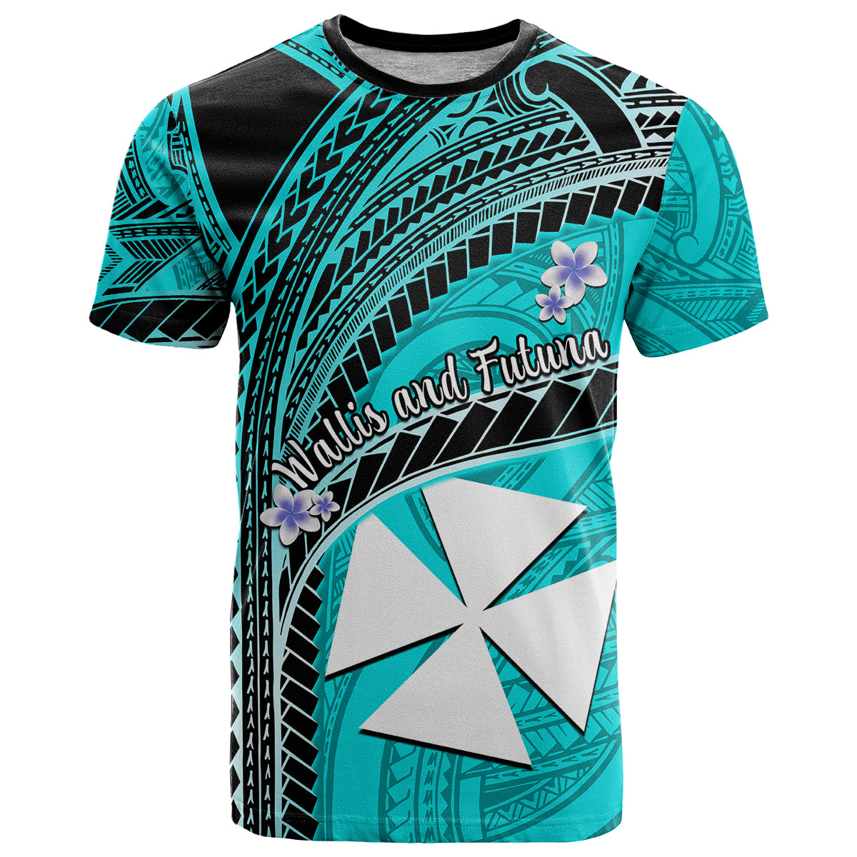 Custom Wallis and Futuna T Shirt Plumeria Flowers With Turquoise Polynesian Pattern LT14 Turquoise - Polynesian Pride