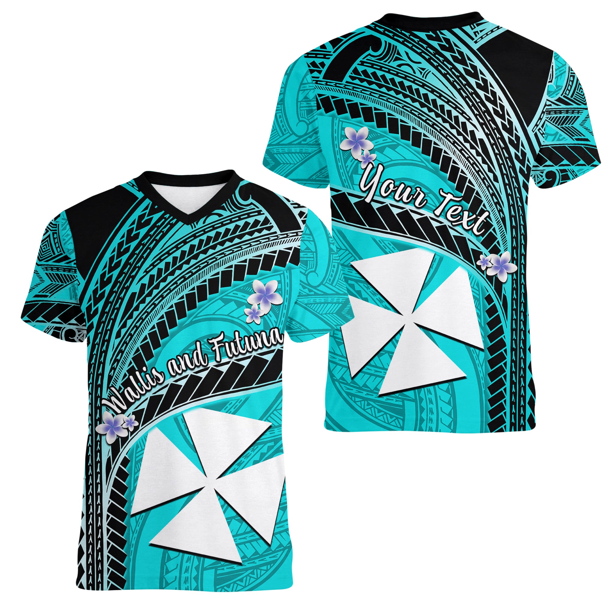 (Custom Personalised) Wallis And Futuna Women V Neck T Shirt Plumeria Flowers With Turquoise Polynesian Pattern LT14 - Polynesian Pride