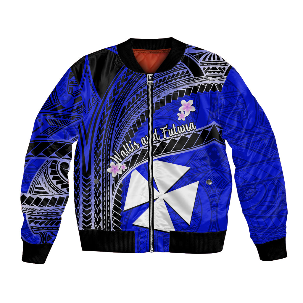 (Custom Personalised) Wallis And Futuna Bomber Jacket Plumeria Flowers With Blue Polynesian Pattern LT14 - Polynesian Pride