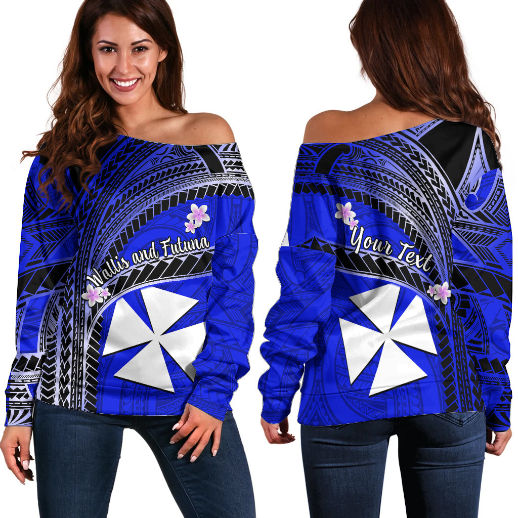 (Custom Personalised) Wallis And Futuna Off Shoulder Sweater Plumeria Flowers With Blue Polynesian Pattern LT14 - Polynesian Pride