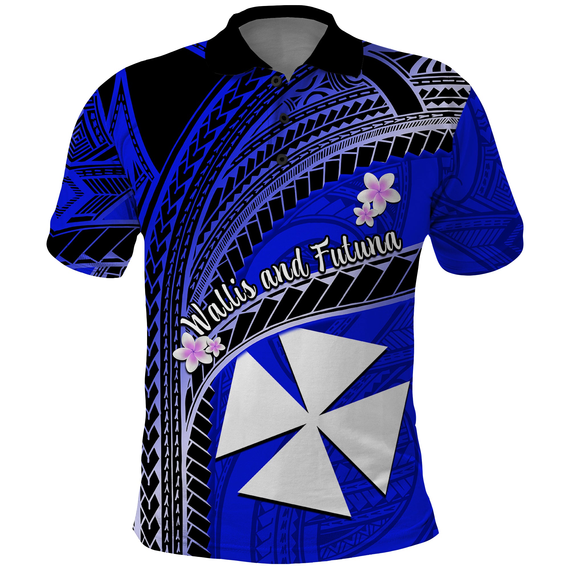 Custom Wallis and Futuna Polo Shirt Plumeria Flowers With Blue Polynesian Pattern LT14 Blue - Polynesian Pride