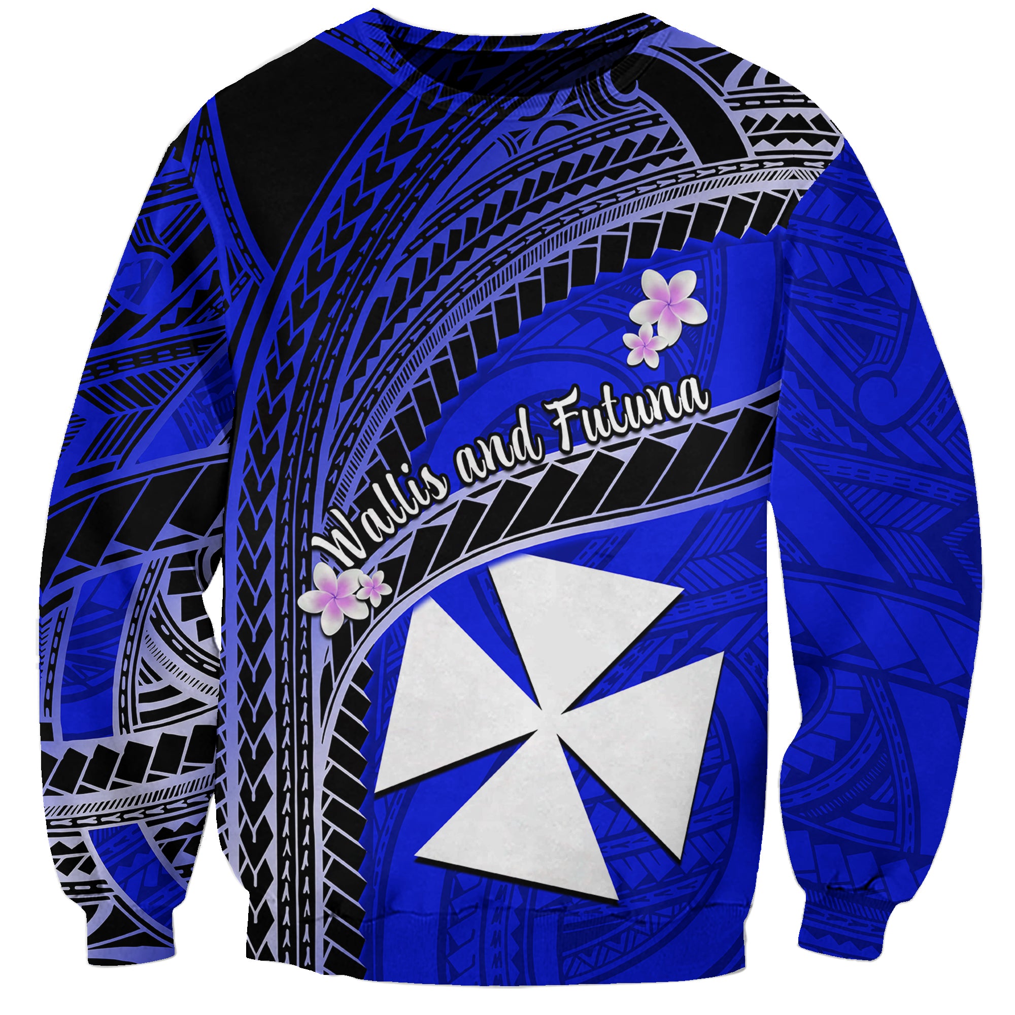 (Custom Personalised) Wallis And Futuna Sweatshirt Plumeria Flowers With Blue Polynesian Pattern LT14 - Polynesian Pride