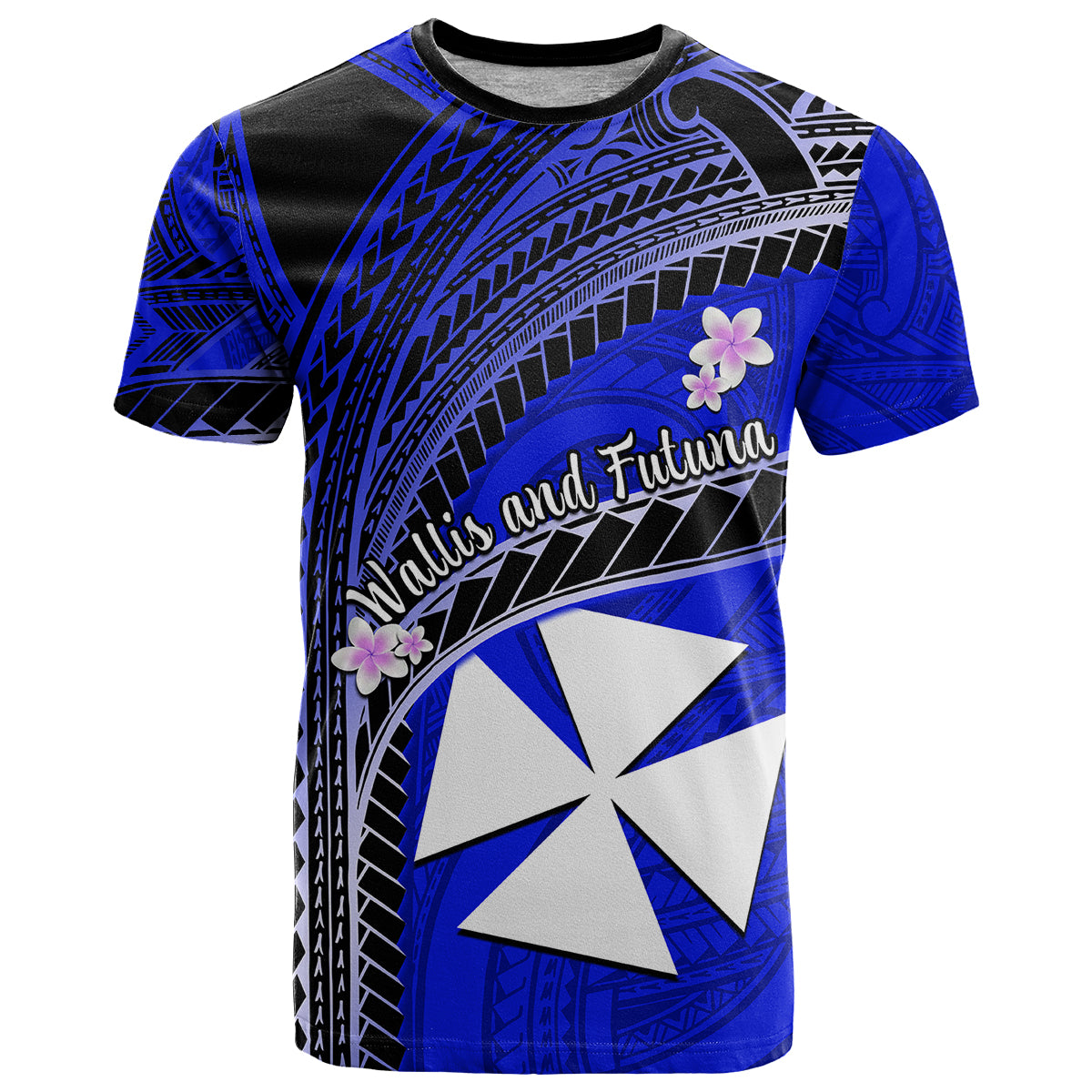 Custom Wallis and Futuna T Shirt Plumeria Flowers With Blue Polynesian Pattern LT14 Blue - Polynesian Pride