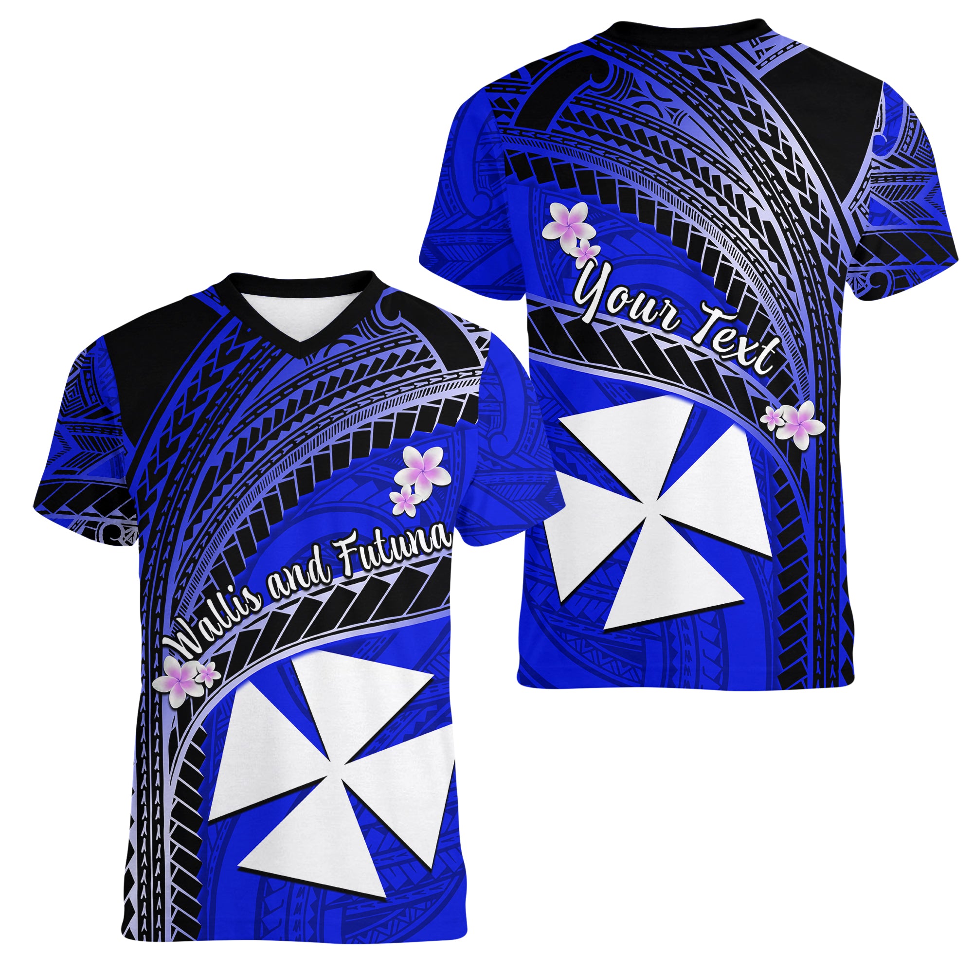 (Custom Personalised) Wallis And Futuna Women V Neck T Shirt Plumeria Flowers With Blue Polynesian Pattern LT14 - Polynesian Pride