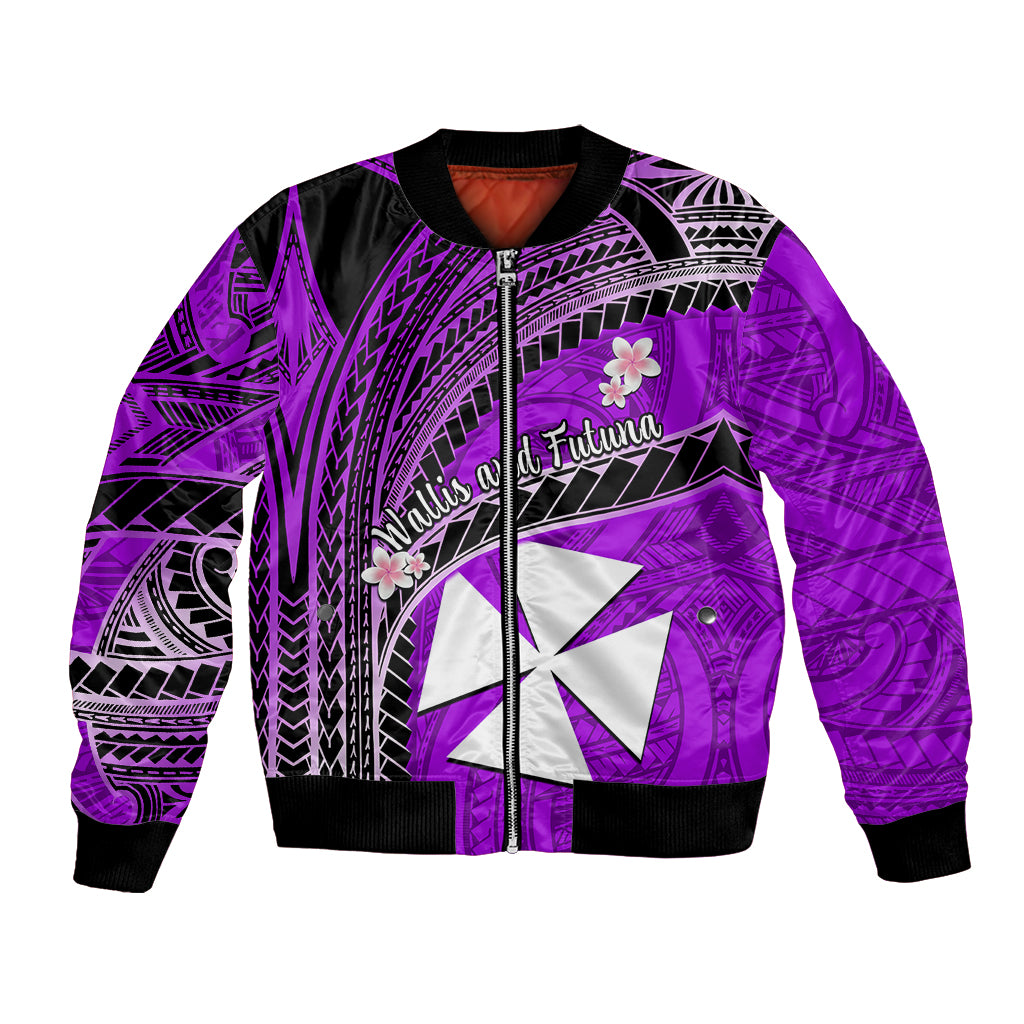 (Custom Personalised) Wallis And Futuna Bomber Jacket Plumeria Flowers With Purple Polynesian Pattern LT14 - Polynesian Pride