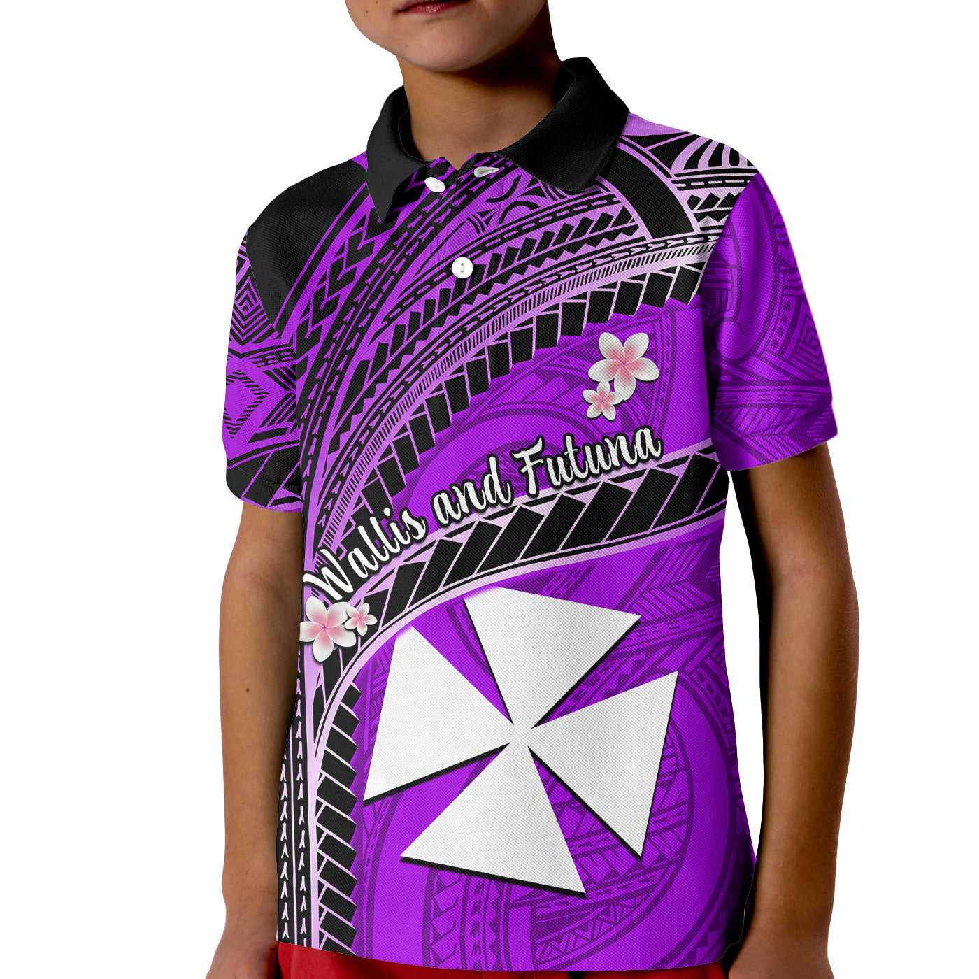 (Custom Personalised) Wallis And Futuna Kid Polo Shirt Plumeria Flowers With Purple Polynesian Pattern LT14 Kid Purple - Polynesian Pride