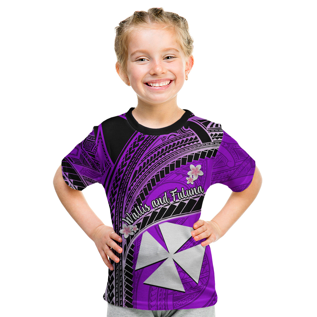 (Custom Personalised) Wallis And Futuna Kid T Shirt Plumeria Flowers With Purple Polynesian Pattern LT14 - Polynesian Pride