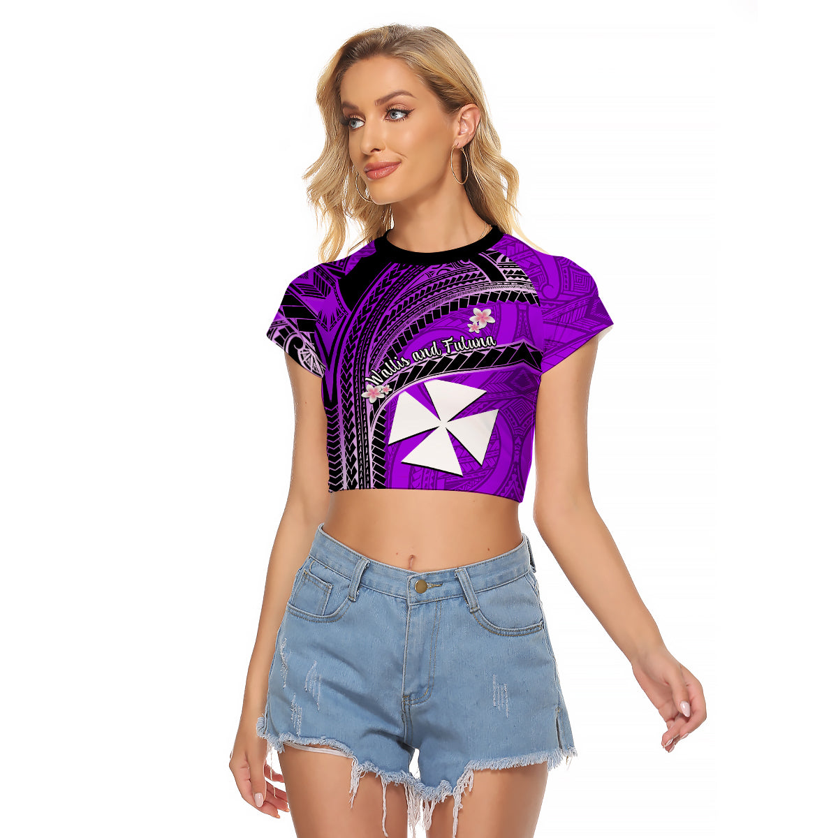 (Custom Personalised) Wallis And Futuna Raglan Cropped T Shirt Plumeria Flowers With Purple Polynesian Pattern LT14 - Polynesian Pride