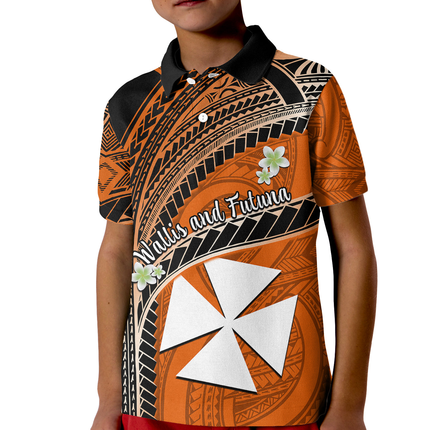 (Custom Personalised) Wallis And Futuna Kid Polo Shirt Plumeria Flowers With Orange Polynesian Pattern LT14 Kid Orange - Polynesian Pride