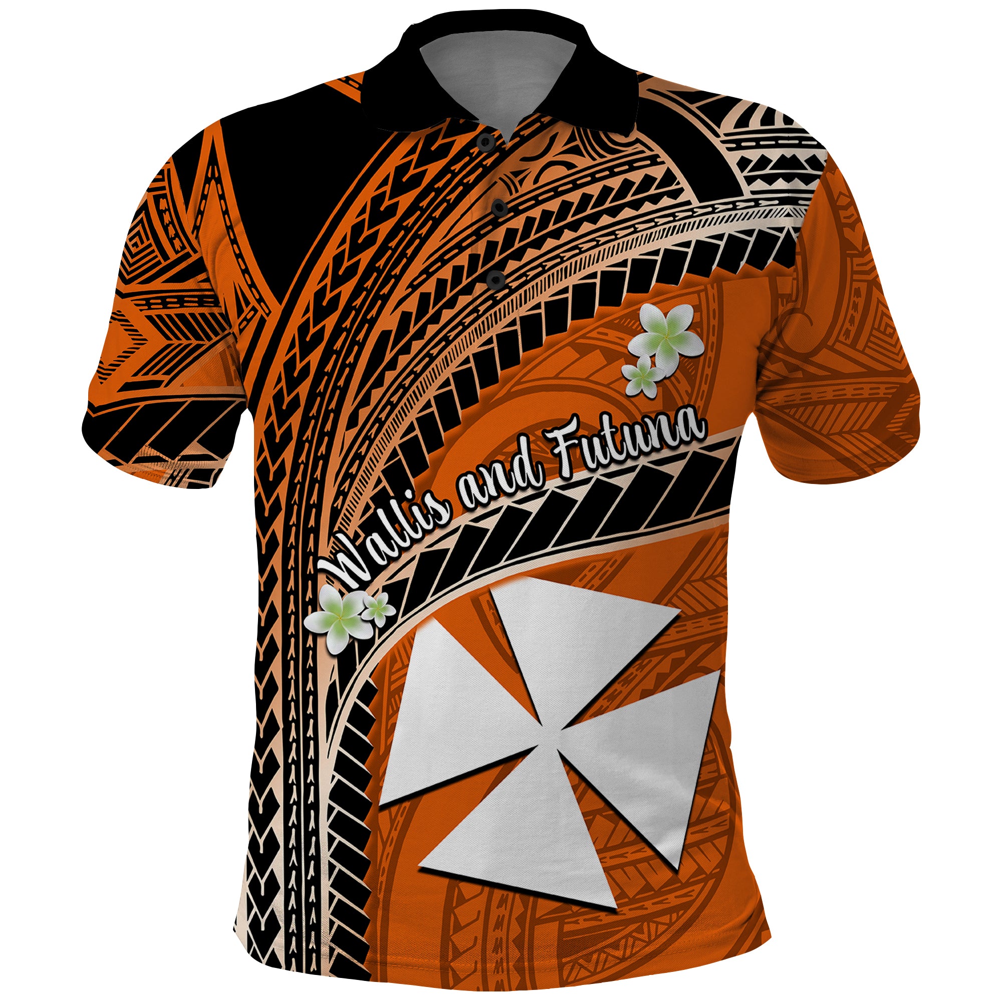 Custom Wallis and Futuna Polo Shirt Plumeria Flowers With Orange Polynesian Pattern LT14 Orange - Polynesian Pride