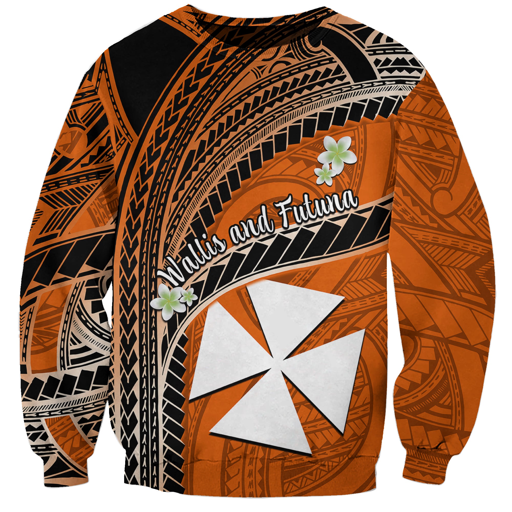 (Custom Personalised) Wallis And Futuna Sweatshirt Plumeria Flowers With Orange Polynesian Pattern LT14 - Polynesian Pride