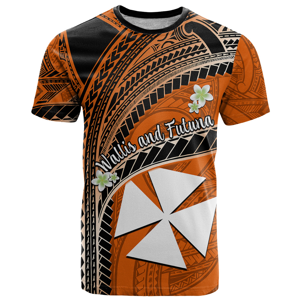 Custom Wallis and Futuna T Shirt Plumeria Flowers With Orange Polynesian Pattern LT14 Orange - Polynesian Pride