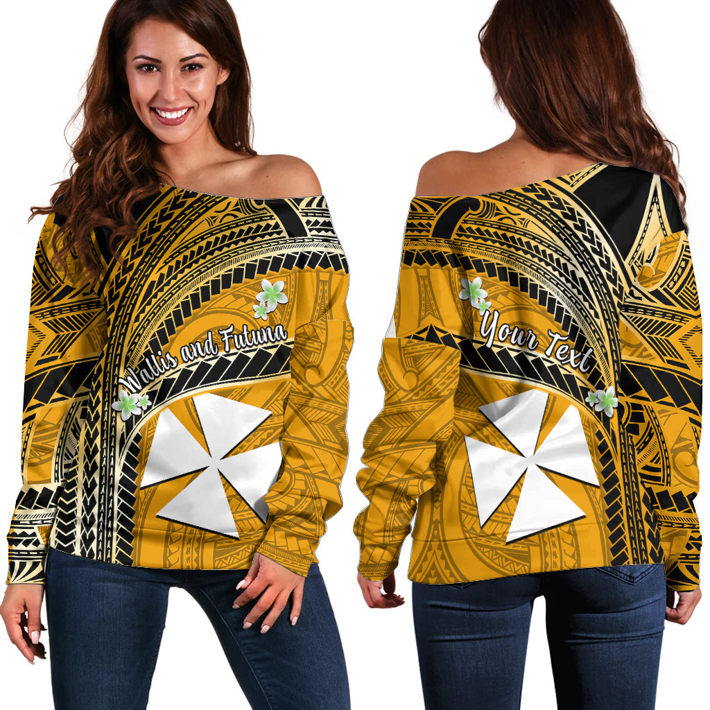 (Custom Personalised) Wallis And Futuna Off Shoulder Sweater Plumeria Flowers With Gold Polynesian Pattern LT14 - Polynesian Pride