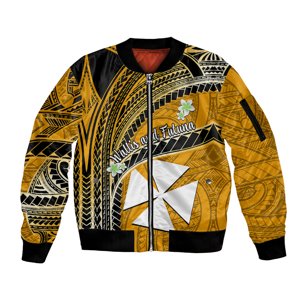 (Custom Personalised) Wallis And Futuna Sleeve Zip Bomber Jacket Plumeria Flowers With Gold Polynesian Pattern LT14 - Polynesian Pride