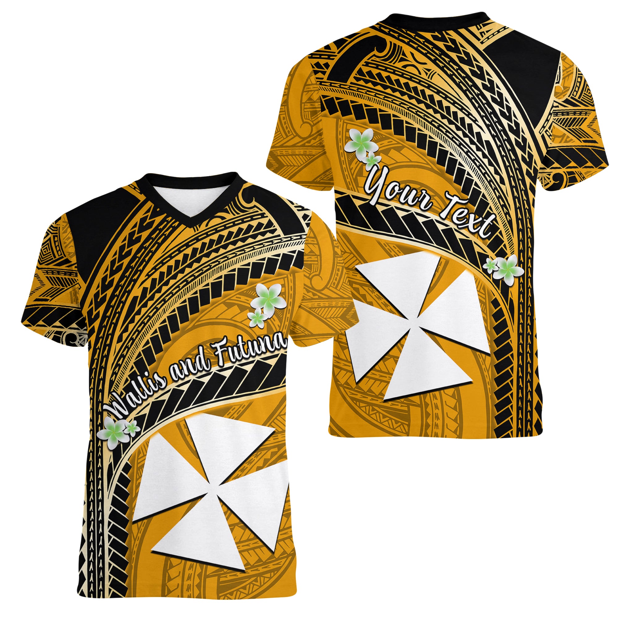 (Custom Personalised) Wallis And Futuna Women V Neck T Shirt Plumeria Flowers With Gold Polynesian Pattern LT14 - Polynesian Pride