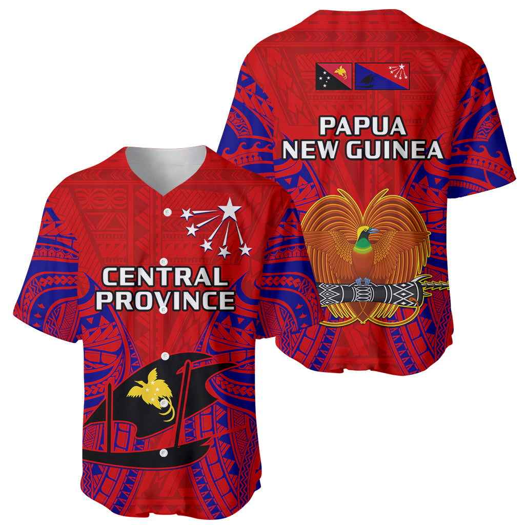 Papua New Guinea Baseball Jersey Central Province Mix Coat Of Arms Polynesian Art LT14 Red - Polynesian Pride