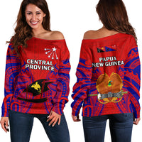 Papua New Guinea Off Shoulder Sweater Central Province Mix Coat Of Arms Polynesian Art LT14 Women Red - Polynesian Pride