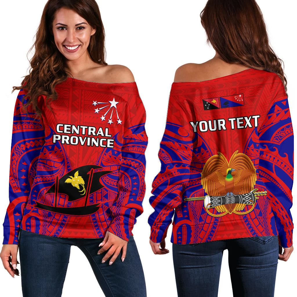 (Custom Personalised) Papua New Guinea Off Shoulder Sweater Central Province Mix Coat Of Arms Polynesian Art LT14 Women Red - Polynesian Pride