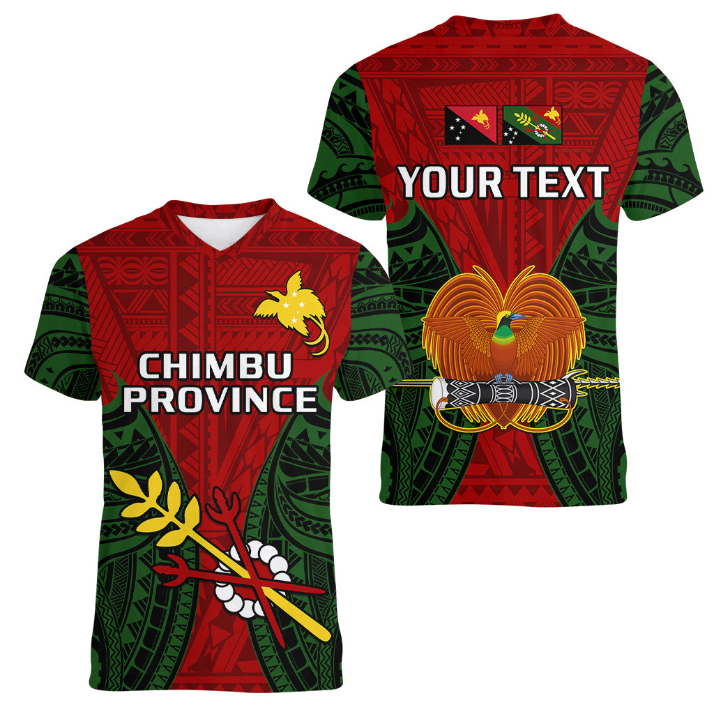 (Custom Personalised) Papua New Guinea Women V Neck T Shirt Chimbu Province Mix Coat Of Arms Polynesian Art LT14 Female Red - Polynesian Pride