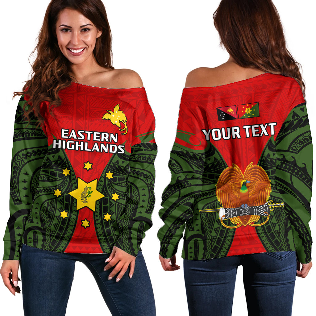 (Custom Personalised) Papua New Guinea Off Shoulder Sweater Eastern Highlands Province Mix Coat Of Arms Polynesian Art LT14 Women Red - Polynesian Pride