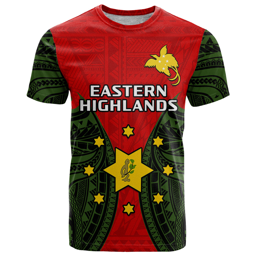 Custom Papua New Guinea T Shirt Eastern Highlands Province Mix Coat of Arms Polynesian Art LT14 Red - Polynesian Pride