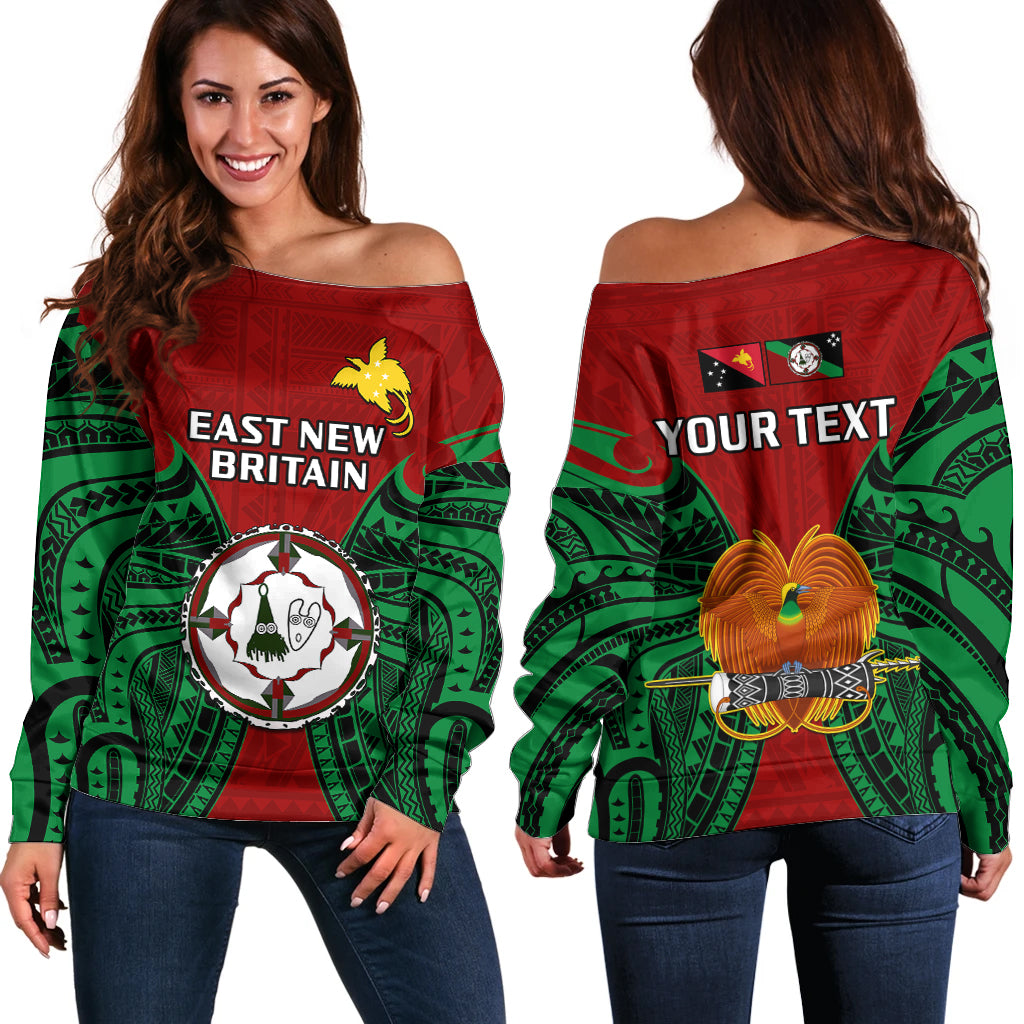 (Custom Personalised) Papua New Guinea Off Shoulder Sweater East New Britain Province Mix Coat Of Arms Polynesian Art LT14 Women Red - Polynesian Pride