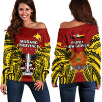 Papua New Guinea Off Shoulder Sweater Madang Province Mix Coat Of Arms Polynesian Art LT14 Women Red - Polynesian Pride