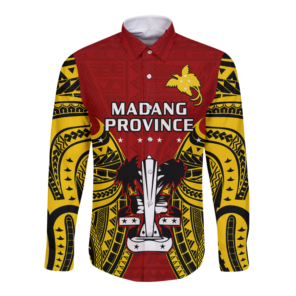 (Custom Personalised) Papua New Guinea Long Sleeve Button Shirt Madang Province Mix Coat Of Arms Polynesian Art LT14 Unisex Red - Polynesian Pride