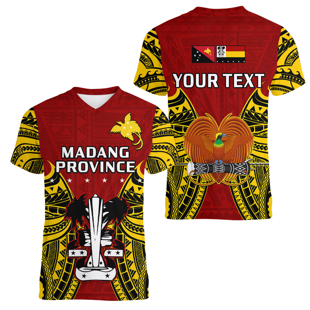 (Custom Personalised) Papua New Guinea Women V Neck T Shirt Madang Province Mix Coat Of Arms Polynesian Art LT14 Female Red - Polynesian Pride