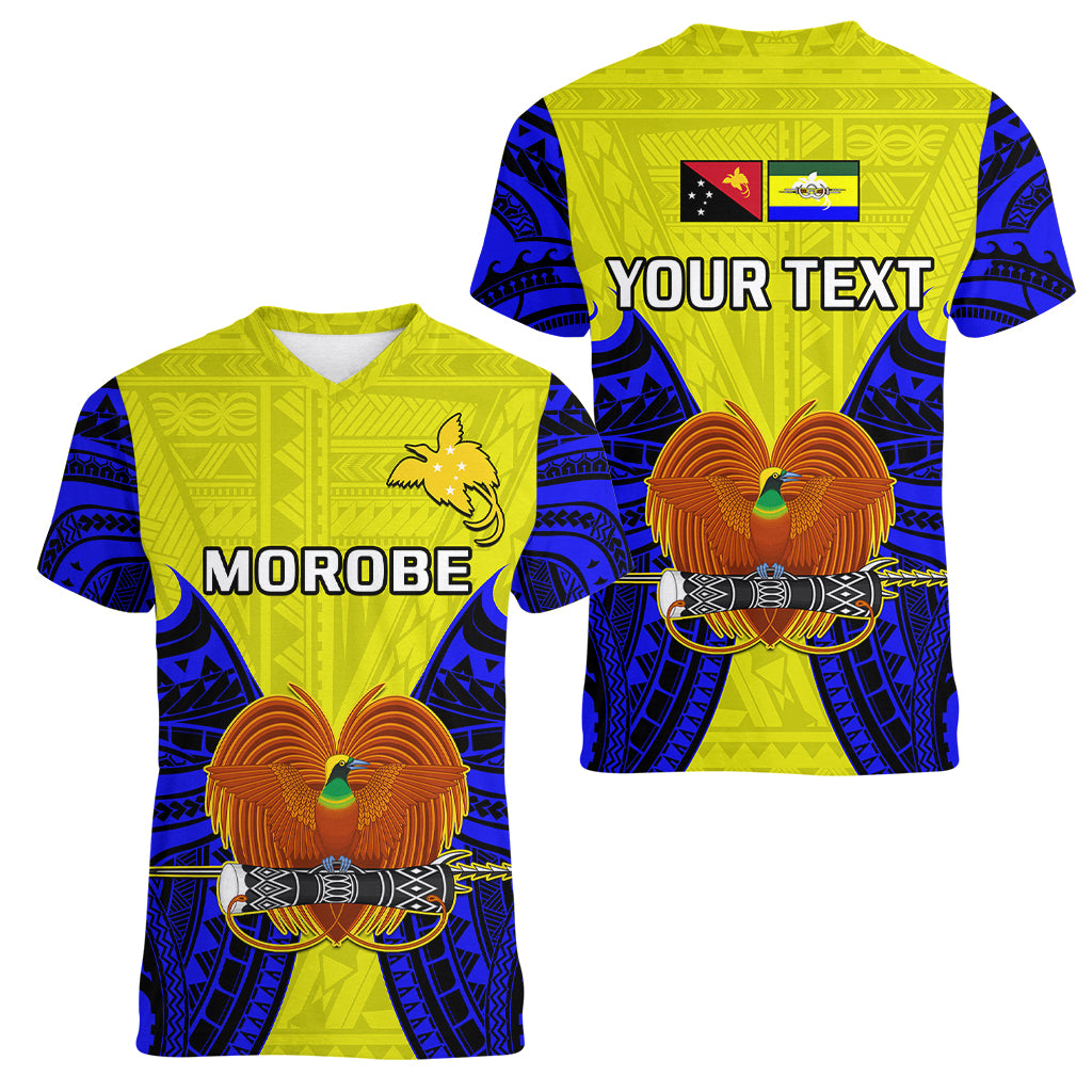 (Custom Personalised) Papua New Guinea Women V Neck T Shirt Morobe Province Mix Coat Of Arms Polynesian Art LT14 Female Yellow - Polynesian Pride