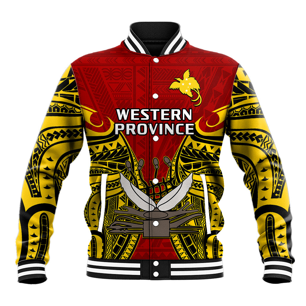 Papua New Guinea Baseball Jacket Western Province Mix Coat Of Arms Polynesian Art LT14 Unisex Red - Polynesian Pride