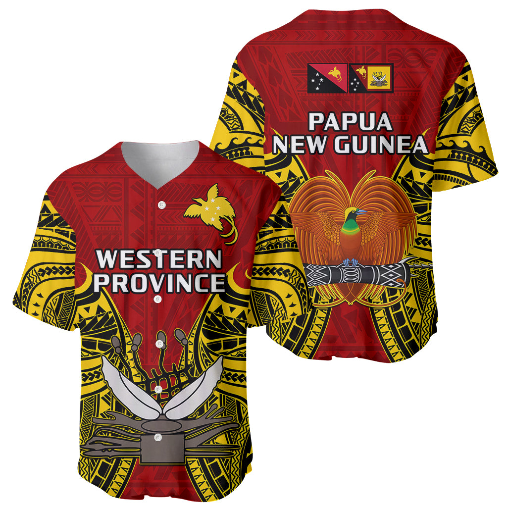 Papua New Guinea Baseball Jersey Western Province Mix Coat Of Arms Polynesian Art LT14 Red - Polynesian Pride